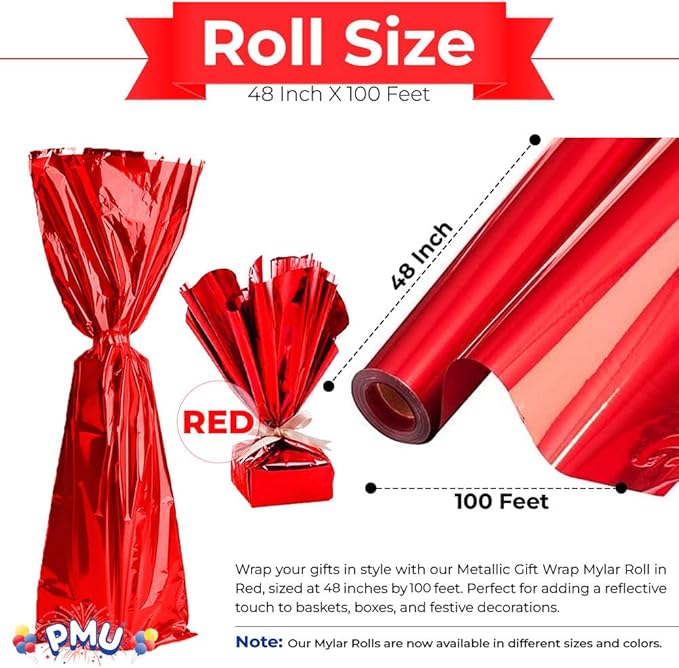 PMU Gift Wrap Mylar Roll Metallic Red 2-sided, 48 Inches X 100 Ft Roll 1.4 Mil Highly Reflective Mylar Film, Great for Gifts, Birthdays, Christmas, Baskets, Arts & Crafts