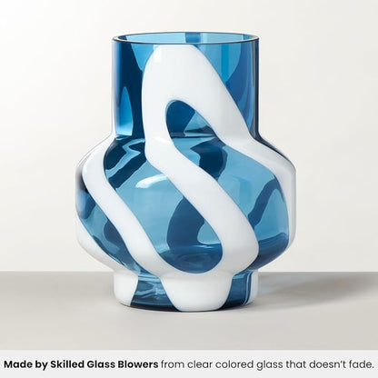 Torre & Tagus 8" White Striped Blue Vase for Flowers - Hand Blown Blue & White Art Glass Vase Modern Home Decor, Large Table Centerpiece for Living Room Consoles, Dining Tables, Modern Art Displays