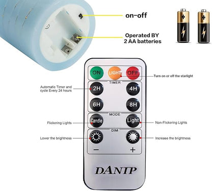 danip Sky Blue LED Flameless Candle with Embedded Starlight String, 3 LED Candles, 11 Key Remote Control, 24 Hour Timer Function, Dancing Flame, True Wax, Battery Powered. (Sky Blue)