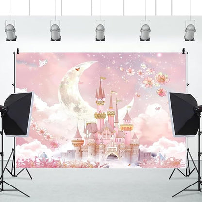 AOFOTO Castle Backdrop Princess Spring Pink Floral Moon Printed Fairy Tale Photography Background for Girl Birthday Baby Shower Party Banner Home Decor Wall Photo Studio Booth Props 10x6.5ft