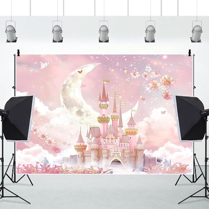 AOFOTO Castle Backdrop Princess Spring Pink Floral Moon Printed Fairy Tale Photography Background for Girl Birthday Baby Shower Party Banner Home Decor Wall Photo Studio Booth Props 7x5ft