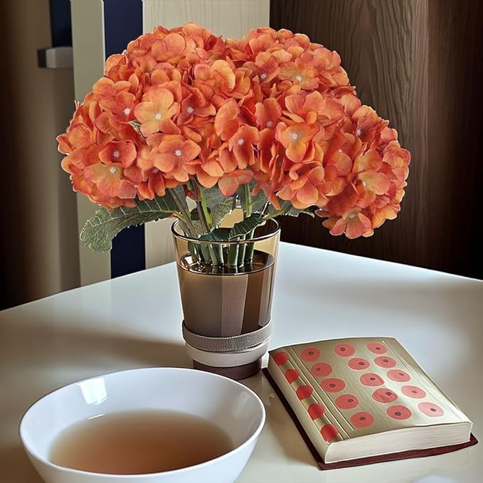 2Bouquets Artificial Fake Flowers Plants Silk Hydrangea Arrangements Wedding Bouquets Decorations Plastic Floral Home Kitchen Garden Party Festival Bar DIY (Orange,5 Flower Heads)