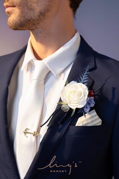 Ling's moment Boutonniere for Men, 6pcs Groom Groomsmen Boutonniere, Artificial Flowers for Wedding Decor/Prom/Homecoming, etc.Navy Blue White