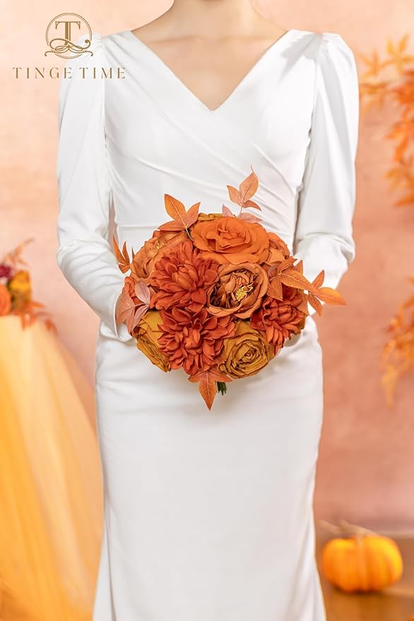 TINGE TIME Artificial Flowers Combo Box Set 16PCS Fake Rose Silk Flower with Stem for DIY Wedding Bouquets Centerpieces Baby Shower Party Home Fall Decoration (Blood Orange & Burnt Orange)