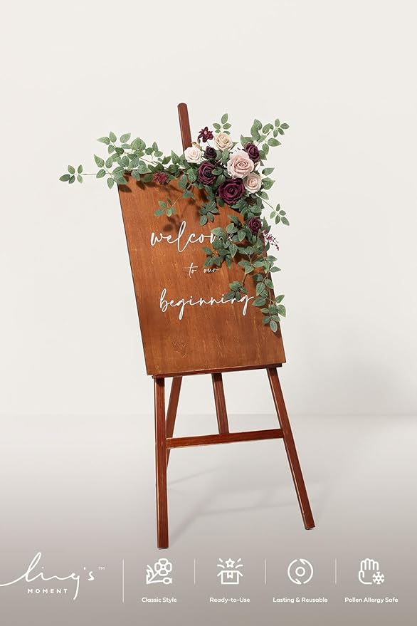 Ling's moment Wedding Artificial Welcome Sign Flowers Swag Arch Floral Garland Decorations Marsala Blush Ceremony Reception Entrance Entryway Party Banquets Easel Wall Home Outdoor(NOT Include Sign)