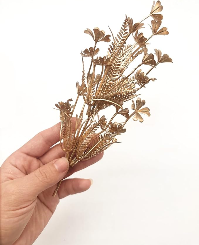 Artificial Golden Plants Decor, Fake Glitter Clover Stem Plastic Flowers Faux Simulation Good Luck Grass Stems Twigs for Wedding Picks Decoration DIY Wreath Crafts Christmas Tree Filler - Gold 10 Pcs