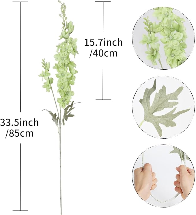8PCS Delphinium Artificial Flowers Larkspur Fake Green Flowers 33.5in Long Stem Faux Silk Flowers for Tall Vases for Home Wedding Floral Arrangement Centerpiece Table Decorations (Light Green)