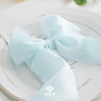 MEEDEE Aqua Chiffon Ribbon 3 Inch Fringe Ribbons Blue Chiffon Silk Frayed Edge Ribbon Wide Chiffon Ribbons for Crafts, Flower Bouquet, Wedding Favors Wrapping (2 Rolls 10 Yards)