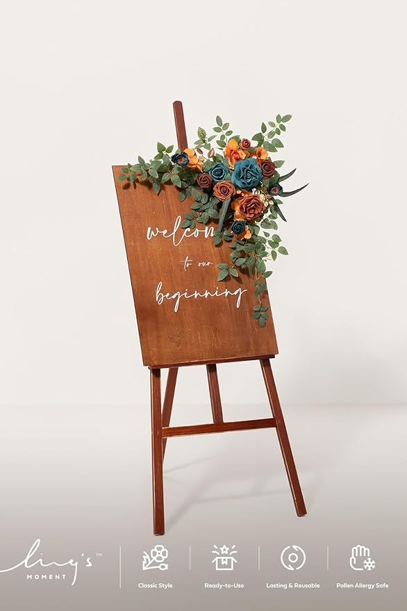 Ling's Moment Wedding Artificial Welcome Sign Flowers Swag Arch Floral Garland Decorations Teal Orange for Ceremony Reception Entrance Entryway Party Banquets Easel Wall Home Outdoor(NOT Include Sign)