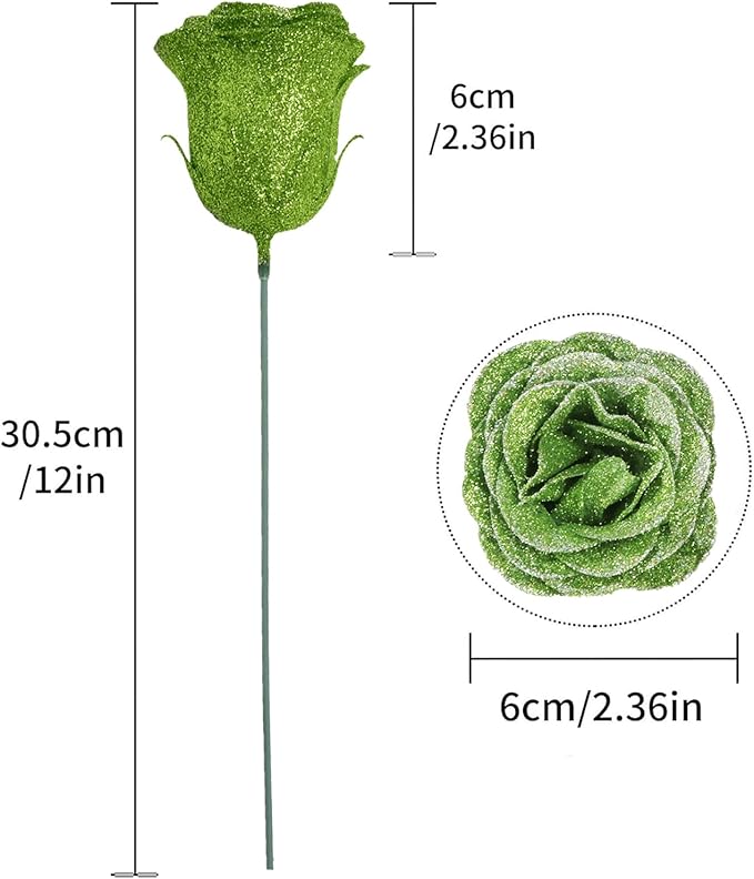 30PCS Artificial Glitter Roses Bouquet Green Flowers Fake Sparkling Roses for Wedding Party Christmas Home Decor(Green with Silver Glitter)
