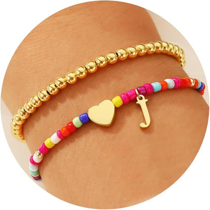 Ritach Christmas Gifts for Teens Girls Kids - 2PCS Colorful Heart Initial Bracelet Stackable Real Gold Plated Stretchable Beaded Bracelets for Teen Girls Kids Birthday Gifts Stocking Stuffers