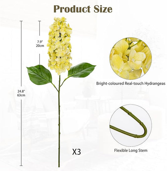 Artificial Hydrangea Flowers Real Touch – 3PCS 24.8" Faux Cone Hydrangea Stems for Tall Vases, Home Décor, Wedding Centerpieces, Floral Arrangements – Butter Yellow