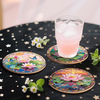 ANATTASOUL Coasters Set of 9 Lotus and Pond Pattern Colorful Wooden Coasters Bulk Round Housewarming Gift for New Home, 3.9" Decorative Coffee Table Protection for Farmhouse Bar House Decor