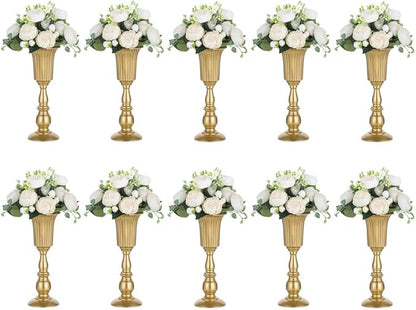 Nuptio Pcs of 10 Metal Trumpet Vase Elegant Wedding Centerpieces Vase for Party Decoration, 31.9cm/12.56" Tall Artificial Flower Arrangements for Anniversary Ceremony