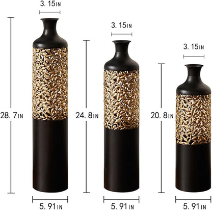 Floor Oversized Gold Metal Decorative Vase with 3D Triangle Pattern Set of 3 Large Vases for Home Living Room 33.5 ", 29.5 ", 25.2" High (Black)