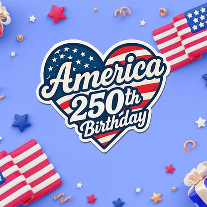 HANDICHI Design 5-Pack 2 Inch America 250th Birthday Stickers – Patriotic Heart-Shaped USA Flag Vinyl Decals – Waterproof 1776–2026 Independence Day Stickers for USA 250th Anniversary Celebration