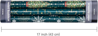 WRAPAHOLIC Christmas Wrapping Paper Roll - Mini Roll - 3 Rolls - 17 Inch x 120 Inch Per Roll - Green Christmas Tree and Snowflake Holiday Design with Metallic Foil Shine