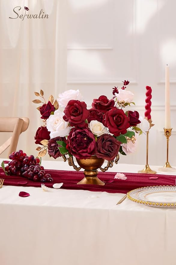 Serwalin Artificial Flowers Silk Fake Flowers Roses for DIY Wedding Bouquets Centerpieces Arrangements Party Bridal Baby Shower Home Decorations Cake Flowers (Burgundy & Pink)