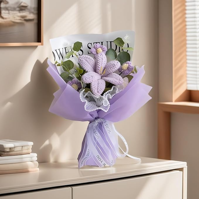 Crochet Flowers Bouquet Handmade Knitted Crochet Flower Bouquet with Lily Artificial Crochet Flower for Mothers Day, Teacher, Valentines, Birthday Home Table Desk Decoration