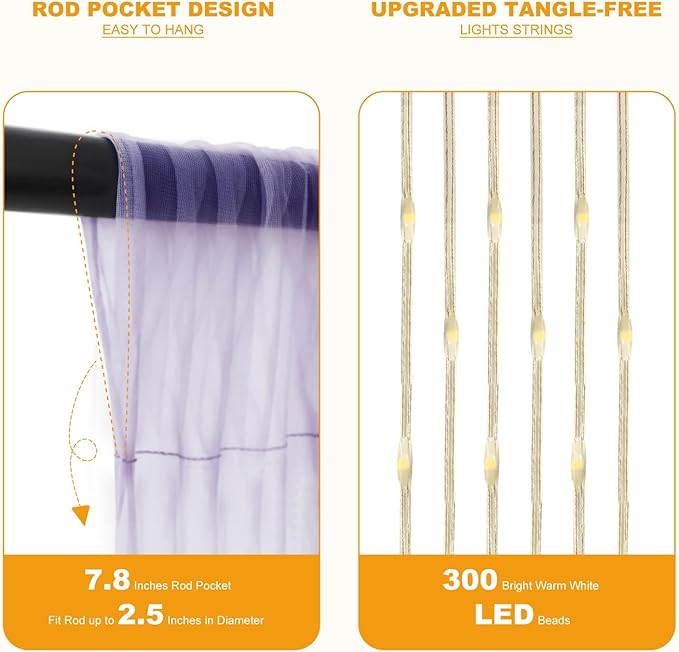 Tulle Curtain Backdrop with 300 LED Fairy Lights for Parites Wrinkle-Free Sheer Curtain Drapes Photo Back Drop for Wedding Baby Shower Bridal Shower Birthday Home Décor - 10ft×10ft, Lavender