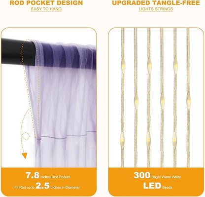 Tulle Curtain Backdrop with 300 LED Fairy Lights for Parites Wrinkle-Free Sheer Curtain Drapes Photo Back Drop for Wedding Baby Shower Bridal Shower Birthday Home Décor - 10ft×10ft, Lavender