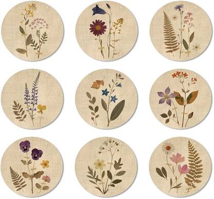 ANATTASOUL Coasters Set of 9 Vintage Flowers and Plants Pattern Colorful Wooden Coasters Bulk Round Housewarming Gift for New Home, 3.9" Decorative Coffee Table Protection for Farmhouse Bar Decor