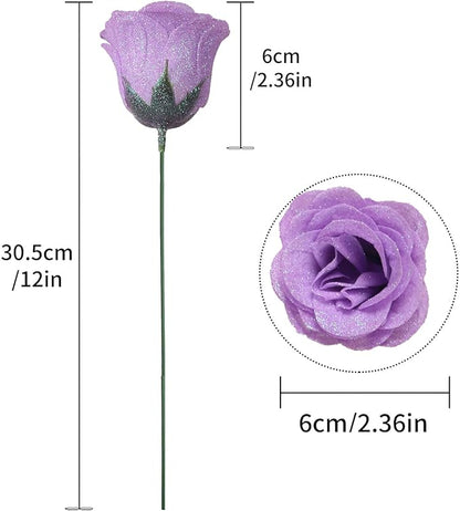 Artificial Roses with Stems,30PCS Glitter Roses Bouquet Lilac Flowers for Wedding Bouquet Party Christmas Home Decor(Lilac)