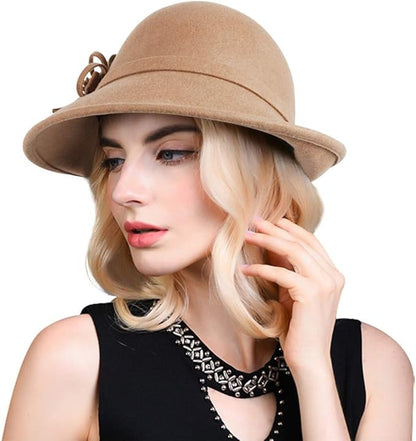 Bellady Women's Elegant Flower Wool Cloche Bucket Bowler Hat