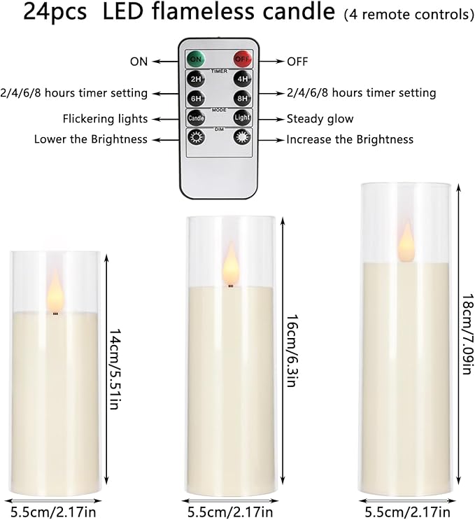 24 Pack LED Flameless Candles Set(14/16/18cm), Battery - Operated with 4 Remotes,Clear, Timer & Flickering/Steady Modes for Home décor, Wedding, Patio,Outdoor.