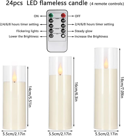 24 Pack LED Flameless Candles Set(14/16/18cm), Battery - Operated with 4 Remotes,Clear, Timer & Flickering/Steady Modes for Home décor, Wedding, Patio,Outdoor.