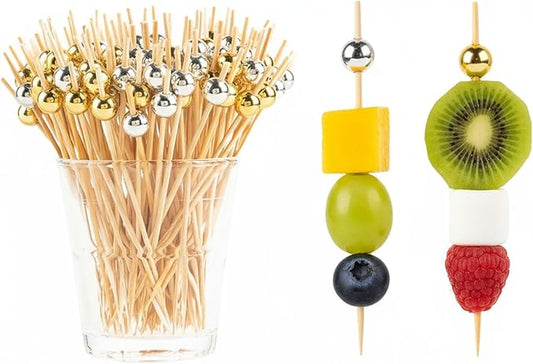 200 Pcs Gold Pearl Cocktail Picks Silver Ball Toothpicks for Appetizers 4.7 Inch Fancy Bamboo Skewers Sticks for Drinks Fruit Sandwich Wedding Charcuterie Party Decor