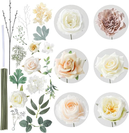 Floweroyal Artificial Flowers Combo White Flowers Mix Silk Flowers Dahlia Roses with Stems for DIY Wedding Bridal Bouquets, Baby Shower, Floral Arrangement, Table Centerpieces, Home Decorations.