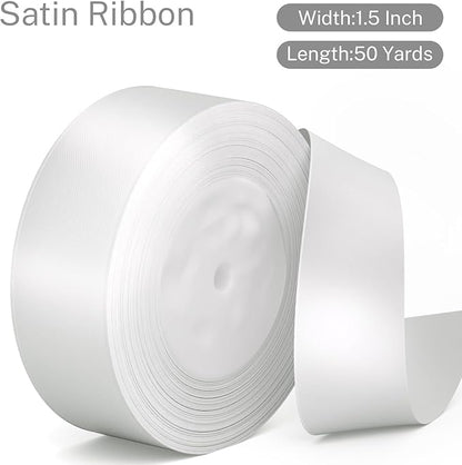 White Satin Ribbon 1-1/2 inch, 50 Yards Solid Fabric Ribbons for Flower Bouquet Wedding Invitations Crafts Wrapping Bow Making Party Home Decoration