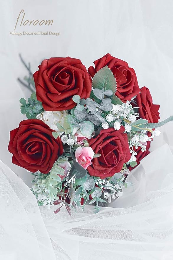 Floroom Artificial Flowers 25pcs Real Looking Dark Red Foam Fake Roses with Stems for DIY Wedding Bouquets Bridal Shower Centerpieces Party Decorations
