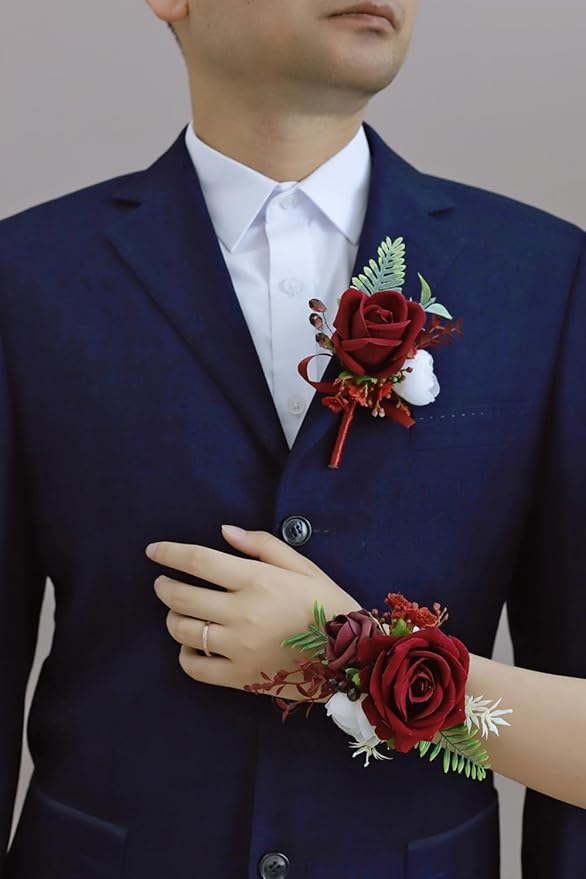 Red Corsage and Boutonniere Set, Prom Wedding Homecoming Wrist Corsage Wristlet and Boutonniere Set for Grooms Groomsmen Guest Bridal Bridesmaid Artificial Flower Suit Decoration