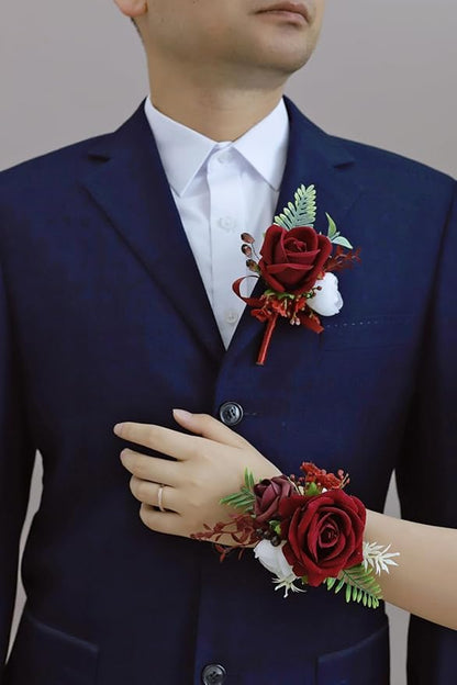 Red Corsage and Boutonniere Set, Prom Wedding Homecoming Wrist Corsage Wristlet and Boutonniere Set for Grooms Groomsmen Guest Bridal Bridesmaid Artificial Flower Suit Decoration