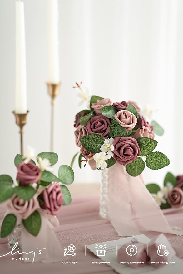 Ling's Moment Artificial Flowers, 25Pcs 3" Roses in Dusty Mauve Shades, Realistic DIY Foam Floral Fill for Wedding Bouquets/Centerpieces, Outdoor Party Backdrops, Room/Table, and Garden/Pot Decoration