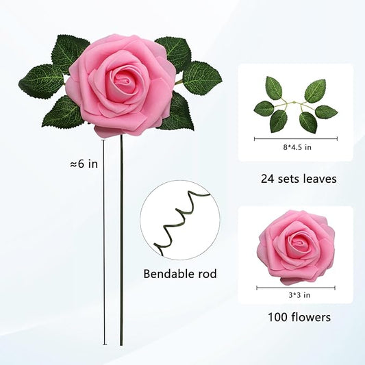 JOYLEX 100PCS Dark Pink Artificial Flowers Realistic Roses, Real Looking Fake Roses with Stem for DIY Wedding Bouquets Centerpieces Bridal Shower Party Home Romantic Decorations (Dark Pink, 100pcs)