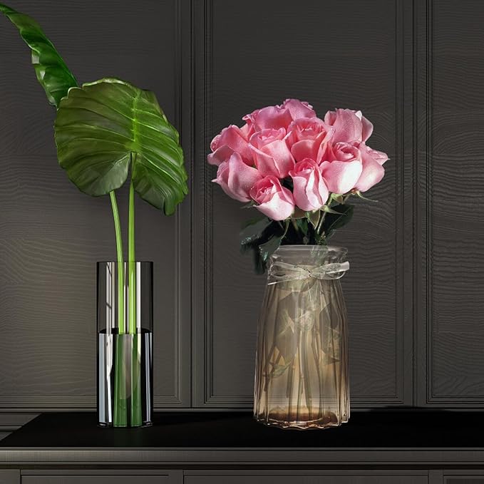 Nordic Style Glass Vase Amber Hydroponic Flower Bottle with Thickened Base Handmade Polished Smooth Opening Modern Decorative Storage Jar for Home and Office Decor
