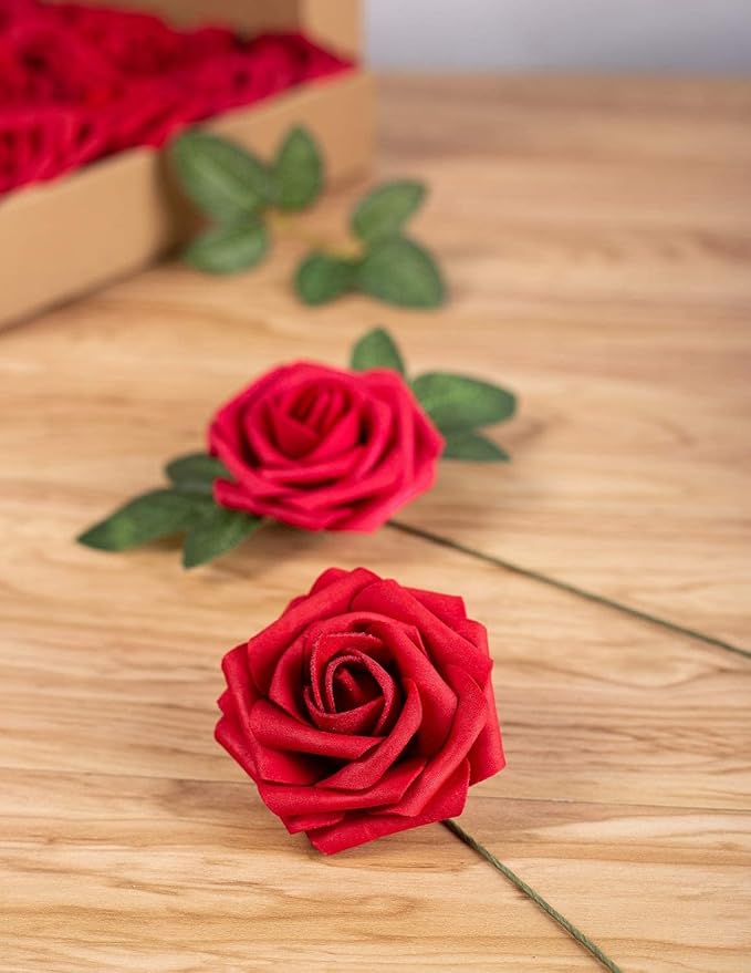 25pcs Artificial Flower Foam Rose Real Touch Roses Flower Heads with Stem for DIY Wedding Bouquets Centerpieces Arrangements Party Baby Shower Home Decor (Dark Red)