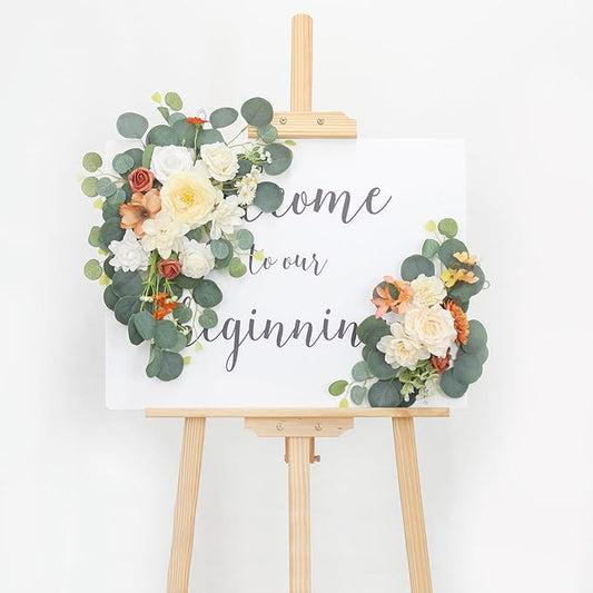 2pcs Wedding Arch Flowers,Wedding Welcome Sign,centerpieces for Tables,Reception Backdrop Table Decorations Welcome Sign (White Orange)