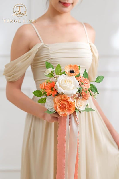 TINGE TIME Bridesmaid Bouquets for Wedding Set of 6 CoralPink & Champagnee 7 Inch Wedding Bouquets Artificial Silk Flowers Bridal Bouquets for Bridesmaids, Wedding Decor, Anniversary