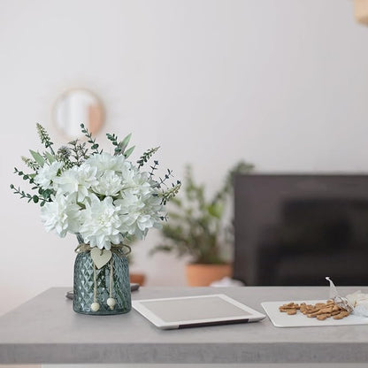 Fake Flowers in Vase,8 Dahlias,Silk Artificial Flowers in Vase,Centerpiece Table Decorations,Coffee Table Decor,Faux Flowers in Vase with a Flower Arrangement Holder