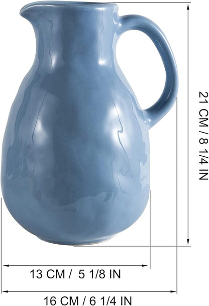 Blue Ceramic Vase with Handle, Pitcher Vases for Modern Farmhouse Home Decor, Small Pottery Flower Jug for Living Room Bedroom Kitchen Office Shelf Decor Centerpiece Table Decoration
