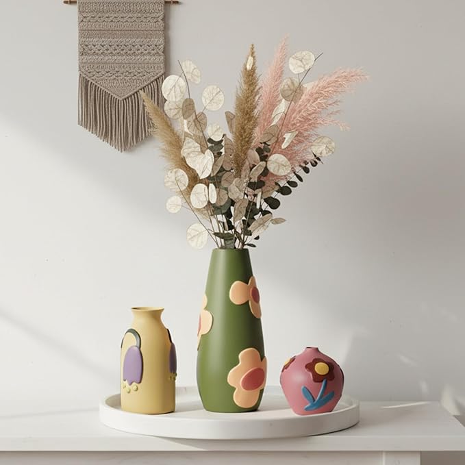 Vintage Ceramic Vase, Minimalist Texture Stone Patterned White Flower Vase, Decorative Vase for Living Room Shelf Farmhouse Dining Table Centerpiece Decor (Colorful Rustic-3 Pack)