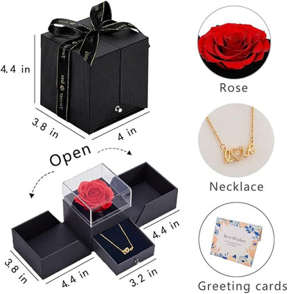 EIGHTOWN Roses Bouquet Artificial Flower - Preserved Pink Rose Flowers with Love Necklace for Her - Unique Gifts Valentine's Day, Mother's Day, Thanksgiving, Birthday, Anniversary