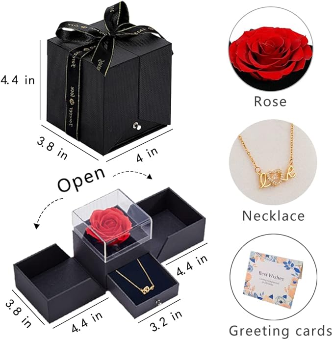 EIGHTOWN Roses Bouquet Artificial Flower - Preserved Red Rose Flowers with Love Necklace for Her - Unique Gifts Valentine's Day, Mother's Day, Thanksgiving, Birthday, Anniversary