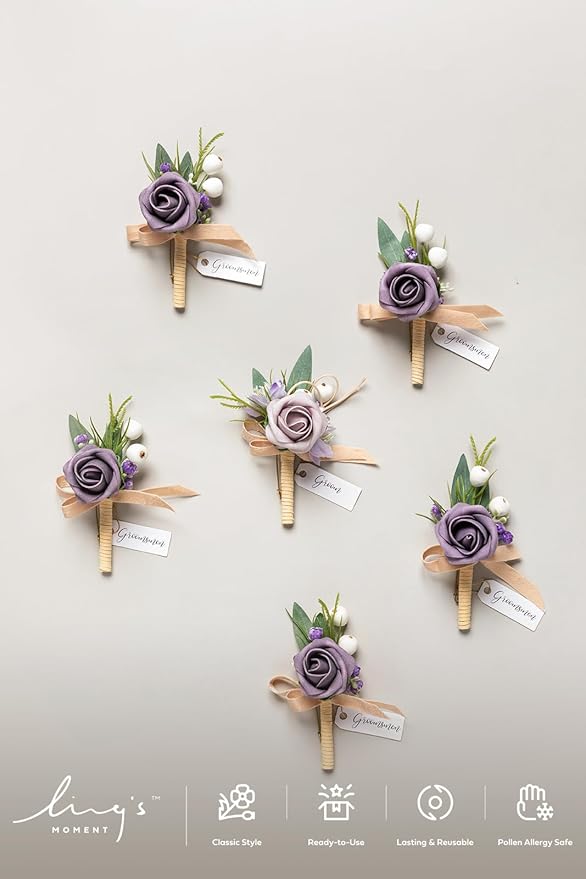 Ling's moment Boutonniere for Men, 6pcs Groom Groomsmen Boutonniere, Artificial Flowers for Wedding Decor/Prom/Homecoming, etc.Lilac Berry