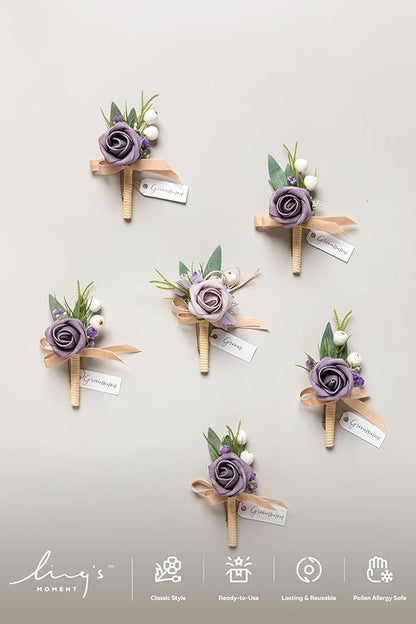 Ling's moment Boutonniere for Men, 6pcs Groom Groomsmen Boutonniere, Artificial Flowers for Wedding Decor/Prom/Homecoming, etc.Lilac Berry