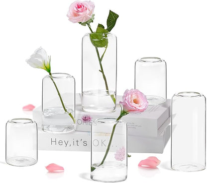 ZENS Bud Vases Set of 6, Modern Small Glasss Vase for Flower Clear Bud Vases in Bulk for Wedding Centerpiece, Blown Thicker Glass Small Vase for Flowers, Wedding Party Decorative, Home Bathroom Decor